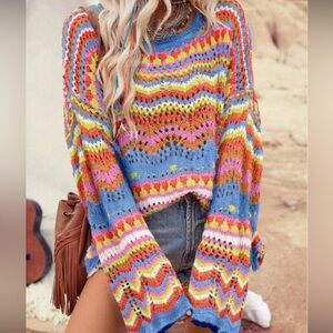 Colorful crochet sweater XL